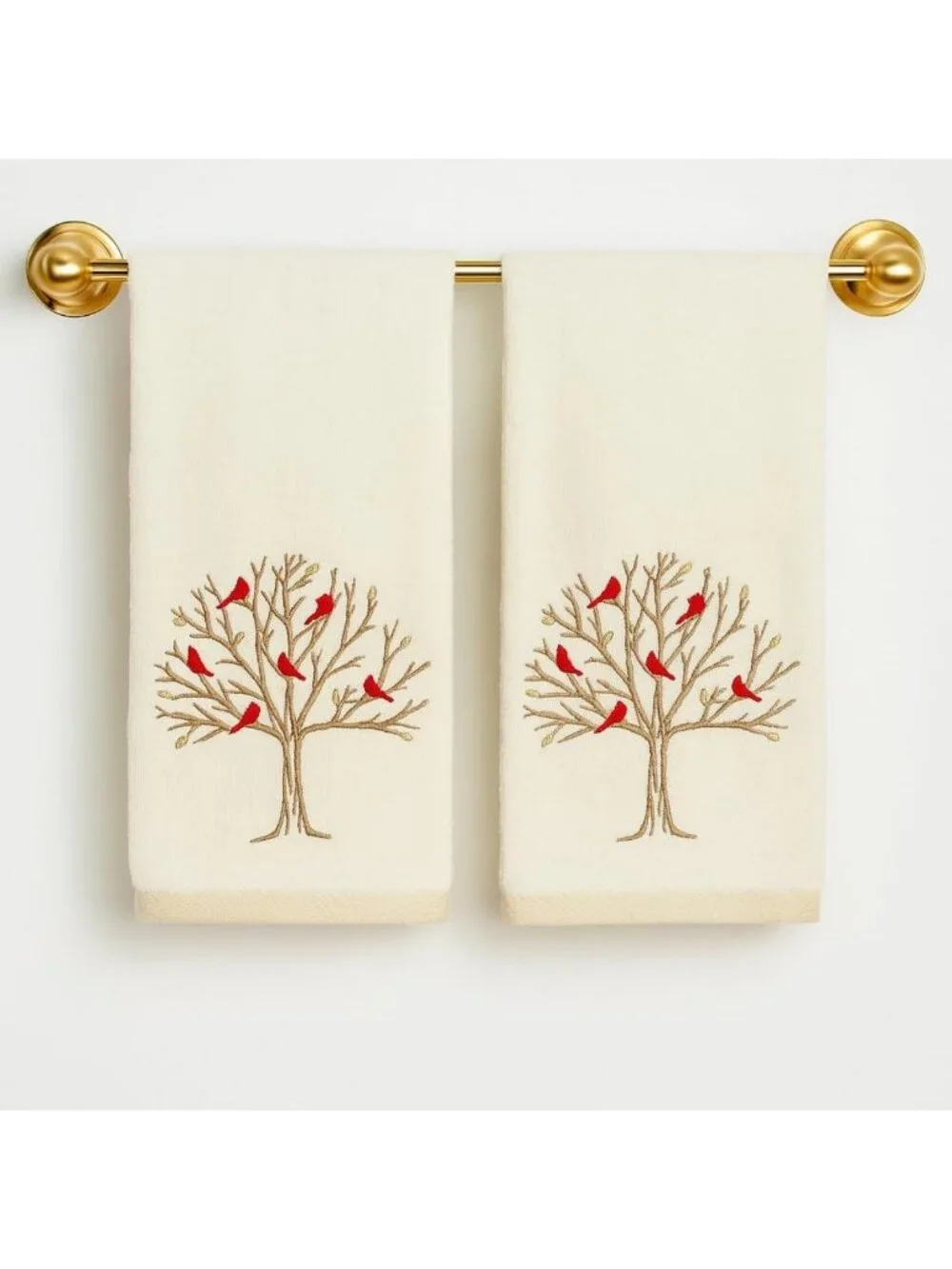 Embroidered Cardinal Hand Towels Set of 2 - Fall Tree Design, 100% Cotton, Ivory